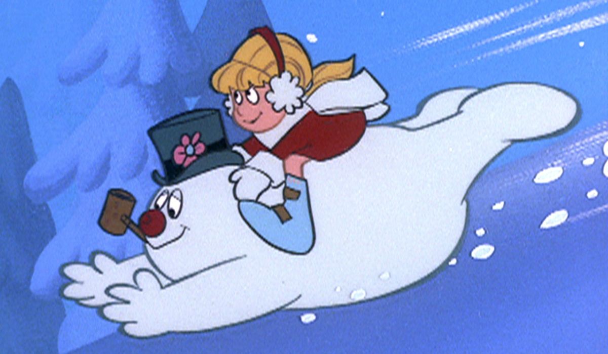 Frosty slides down a hill in Frosty the Snowman