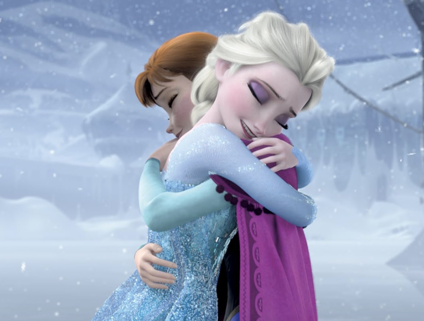 Two girls hug in Frozen.