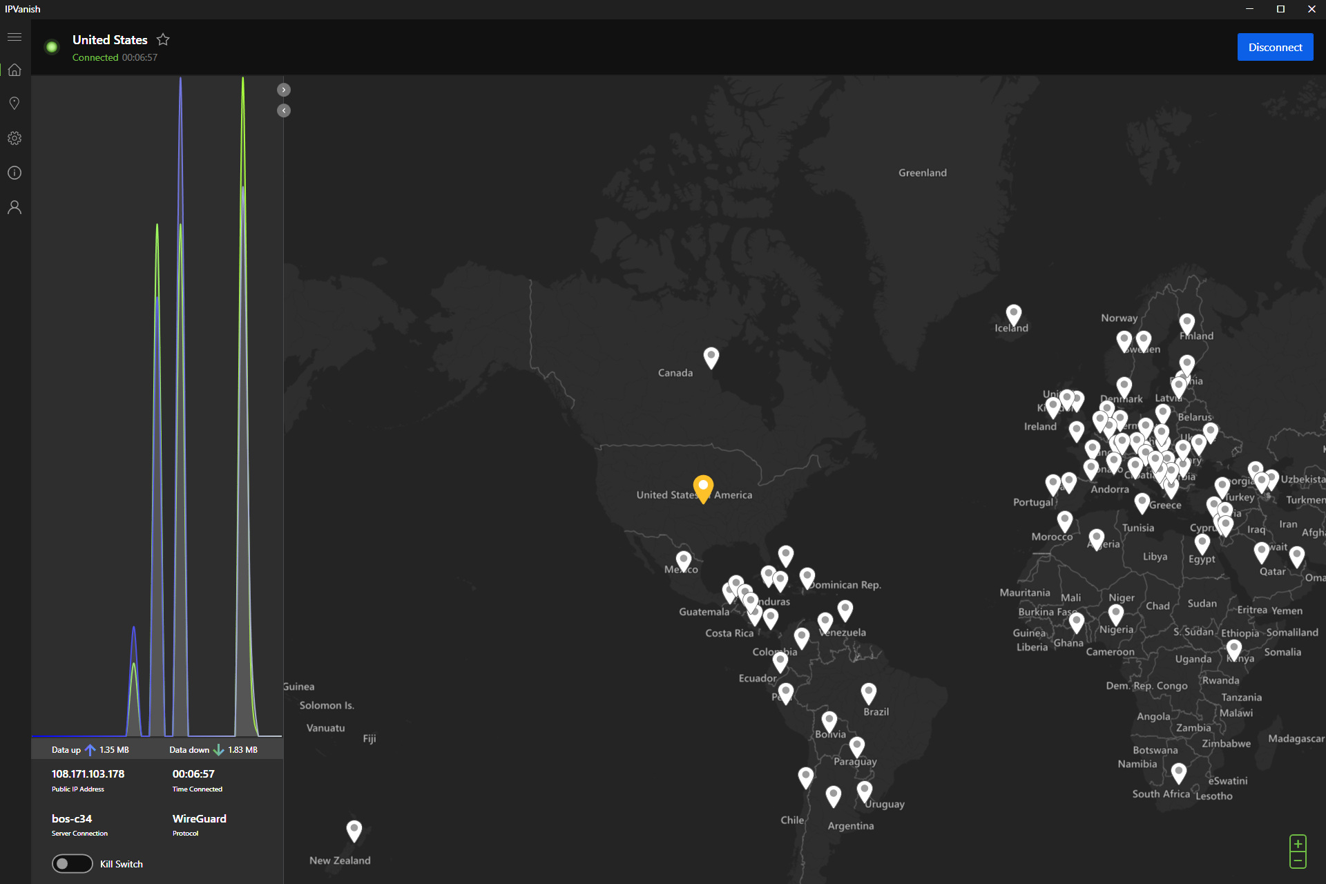 Gostei da interface de usuário do IPVanish com seu grande mapa de servidores mundiais.