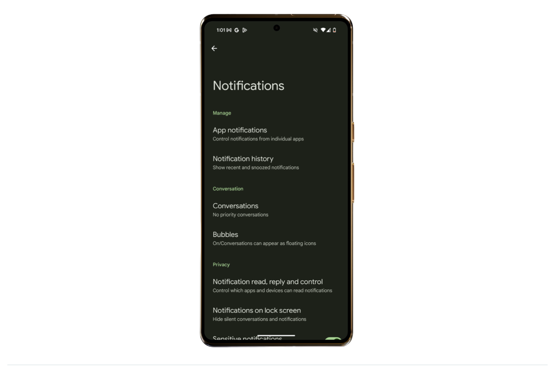 Configurações de notificação no Android 16.