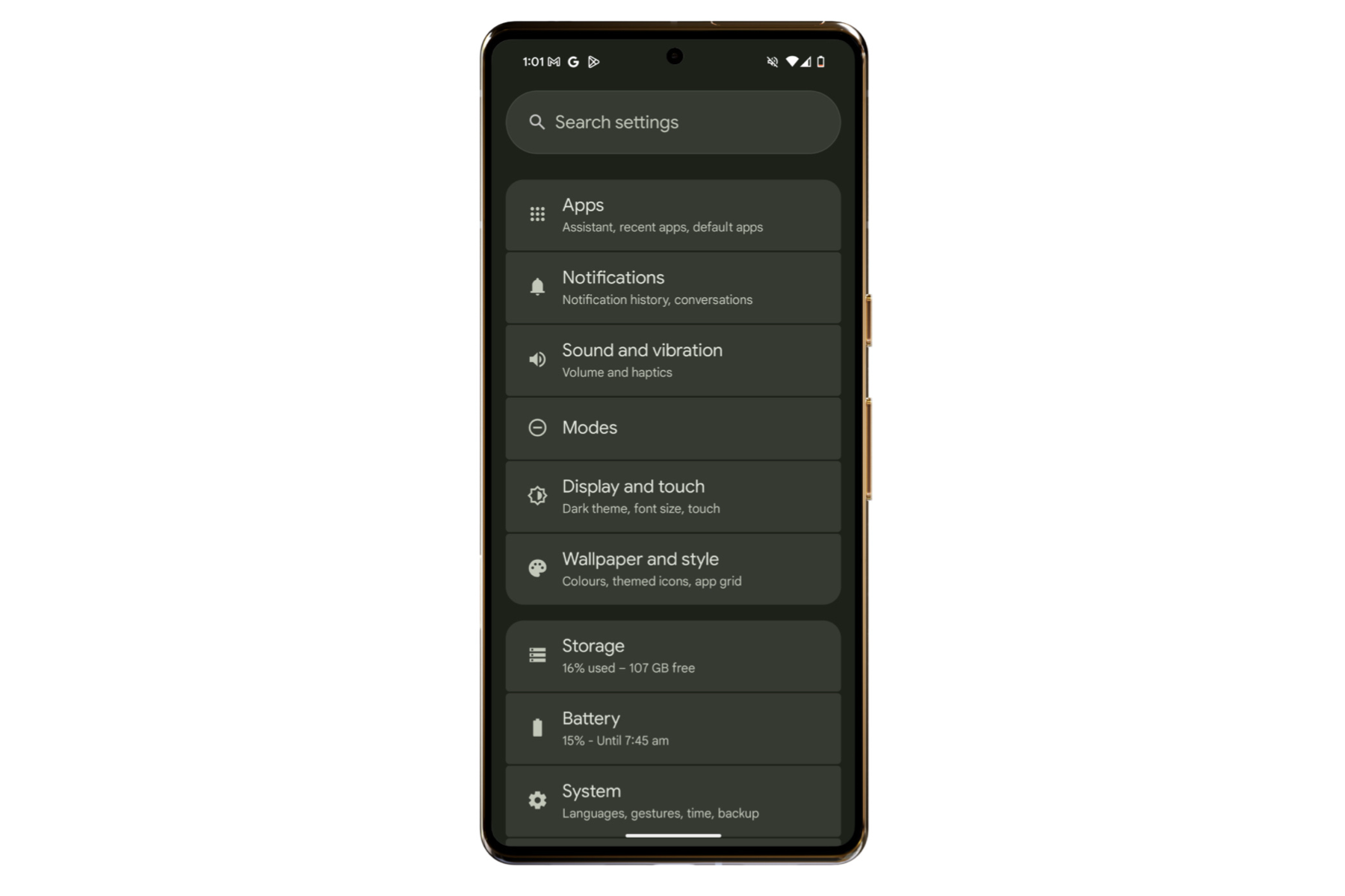 Aplicativo de configurações no Android 16