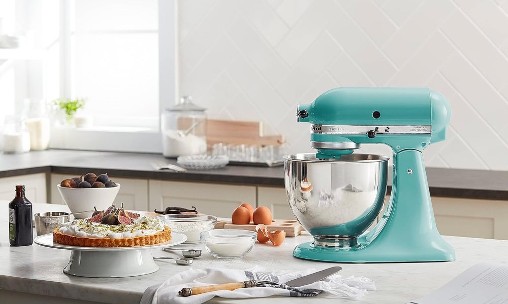 The KitchenAid Artisan Series 5-Quart Tilt-Head Stand Mixer in the kitchen.