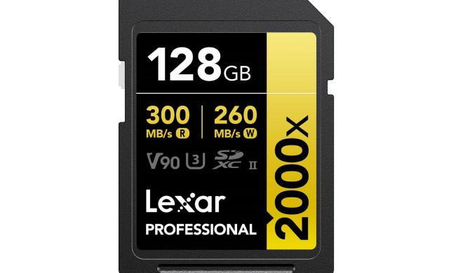 The Lexar 128GB Professional 2000x UHS-II SDXC Memory Card on a white background.