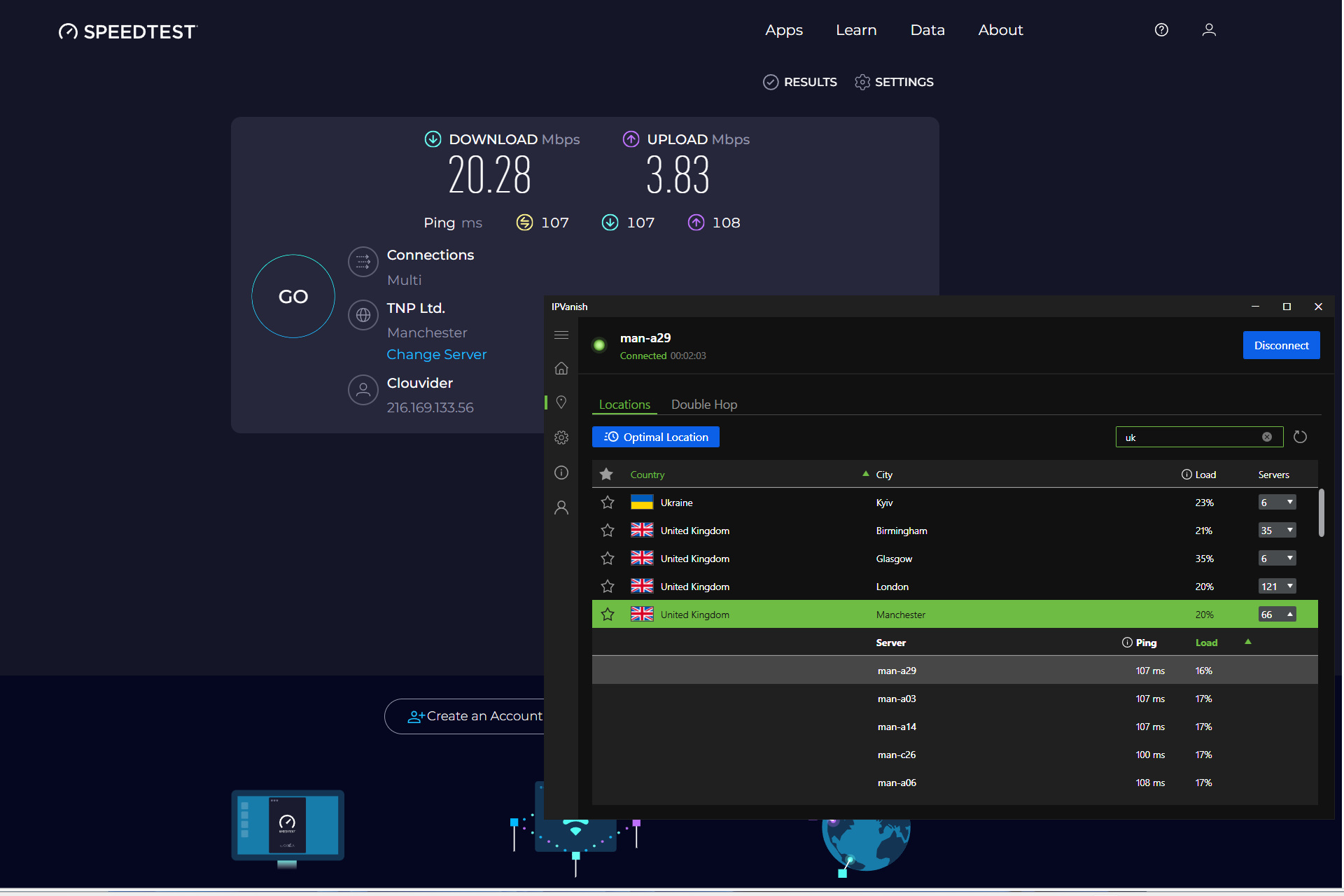 Meus primeiros resultados do SpeedTest para IPVanish Essential foram muito mais lentos do que o esperado.