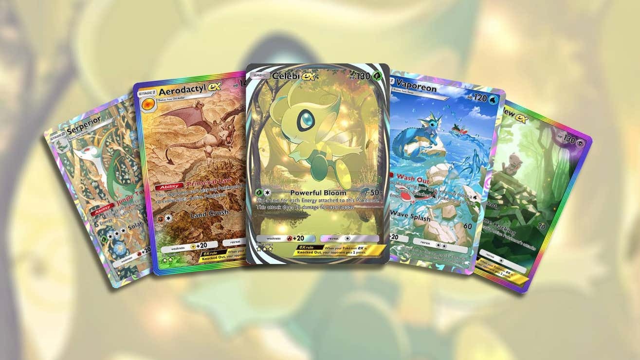 Cartas de bolso Pokémon TCG da direita para a esquerda: Serperior, Aerodactyl ex, Celebi ex, Vaporean, Mew ex.