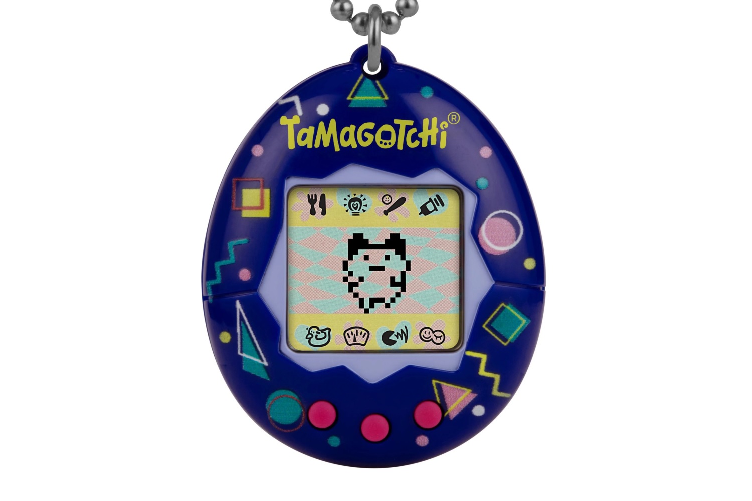 O animal de estimação digital Tamagotchi original em uma corrente.