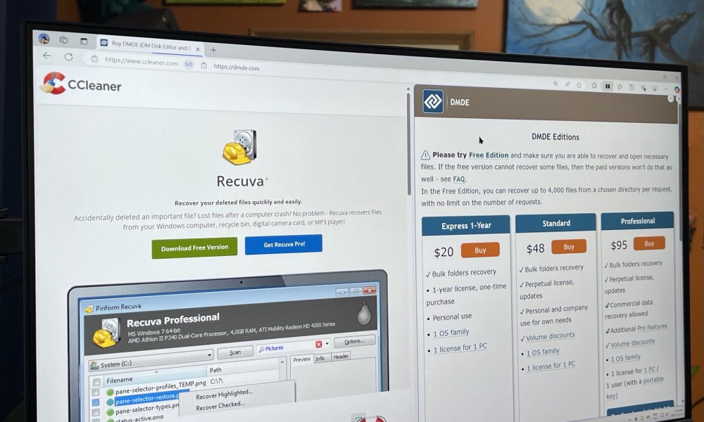 Recuva and DMDE pricing appears in a split-screen on a PC monitor.