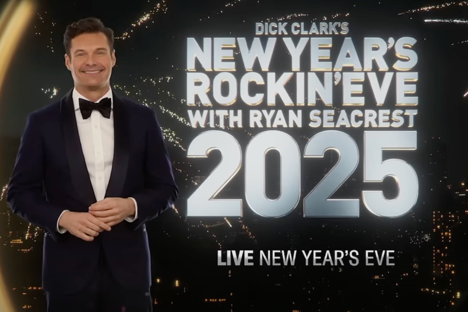 Ryan Seacrest stands and poses for New Year's Eve.