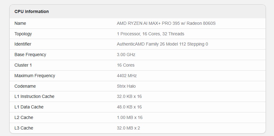 Uma referência do Ryzen AI Max+ Pro 395.