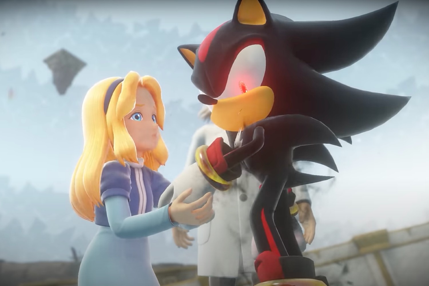 Maria attempts to calm an enraged Shadow in a scene from Sonic X Shadow Generations.