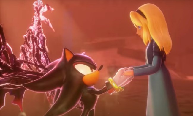 Shadow, with Doom Wing spread out, holds Maria's hands before his final battle with Black Doom in a scene from Sonic X Shadow Generations.