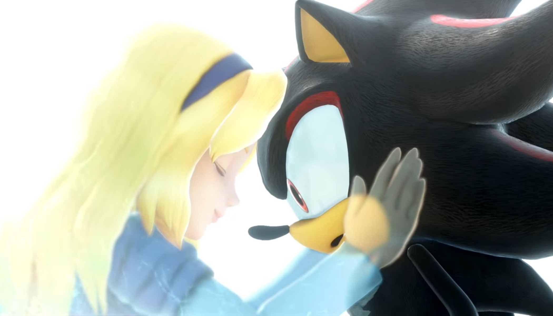 A translucent Maria brings Shadow's face close to her in a scene from Sonic X Shadow Generations.