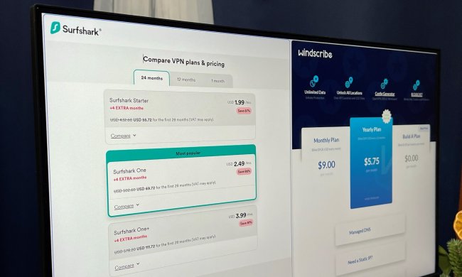 Surfshark and Windscribe prices appear in a split-screen on a PC monitor.