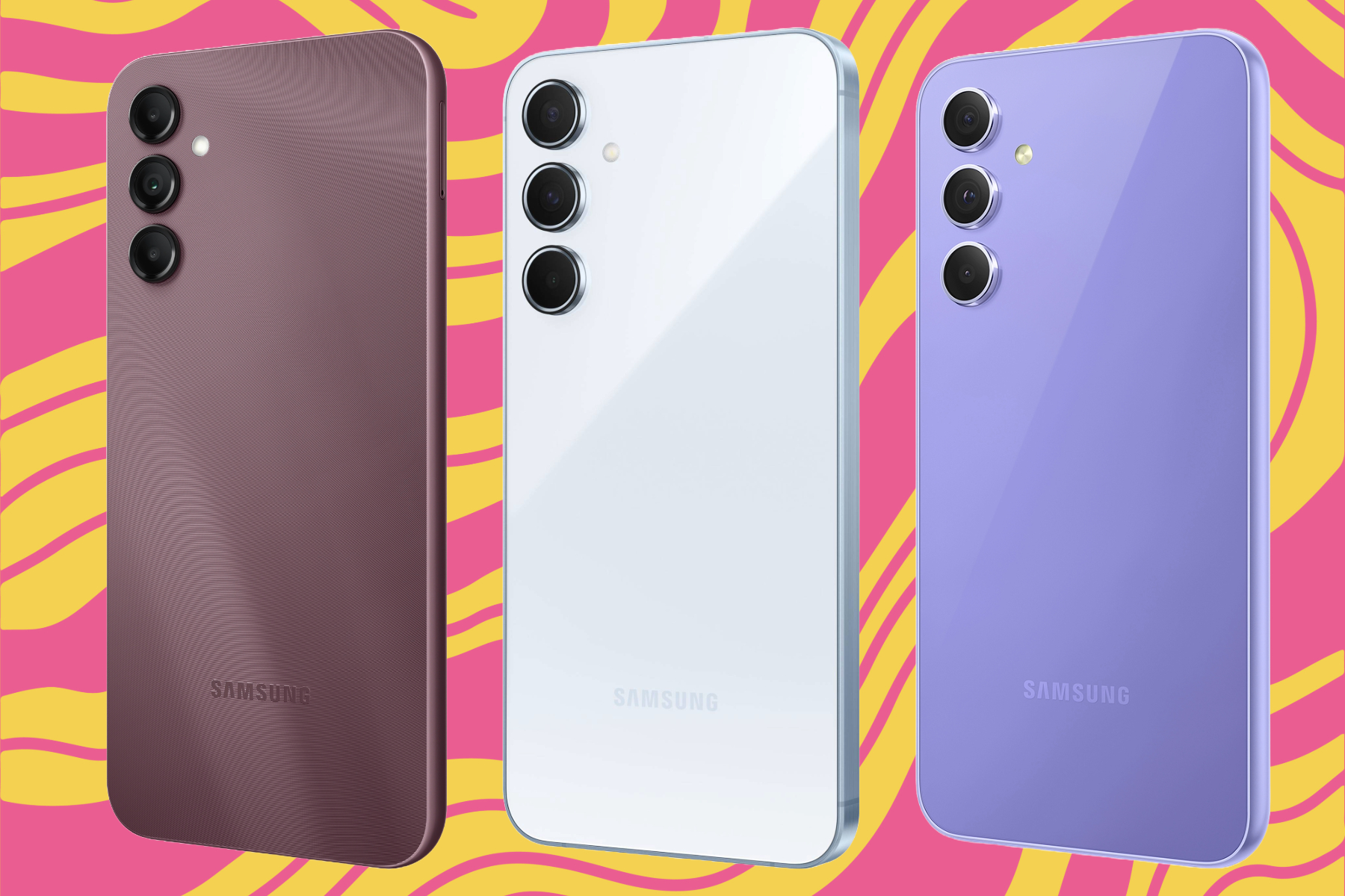 Colagem de comparação dos telefones das séries Galaxy M e Galaxy A.