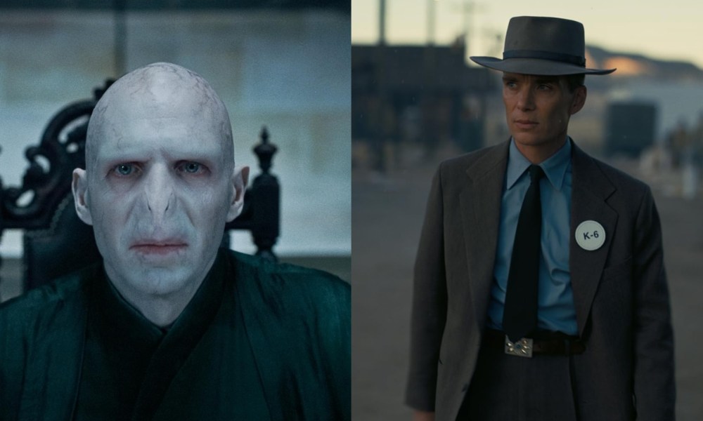 Voldemort stares while sitting down on the left as a man stands on the right.