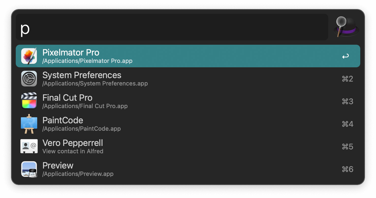 Alfred app search results on Mac