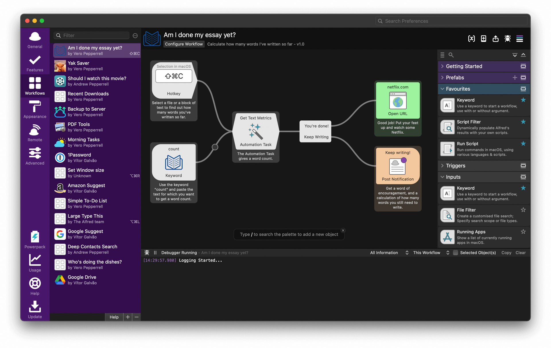 Workflow and options in the Alfred Mac app