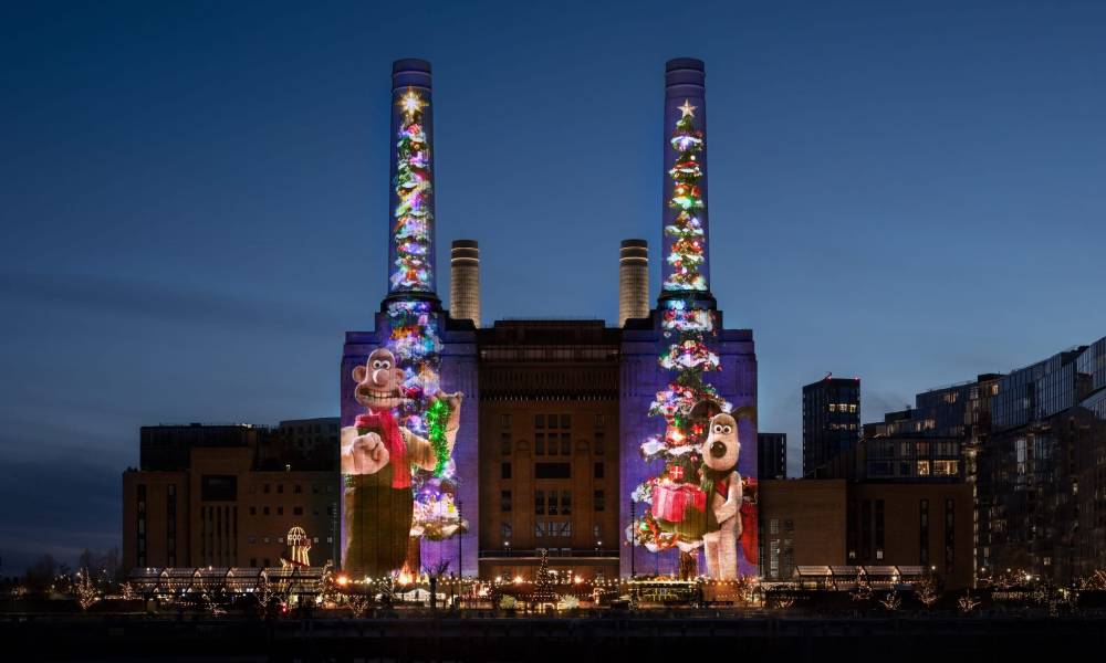 Aardman's stop animation projected onto London's iconic Battersea Power Station.