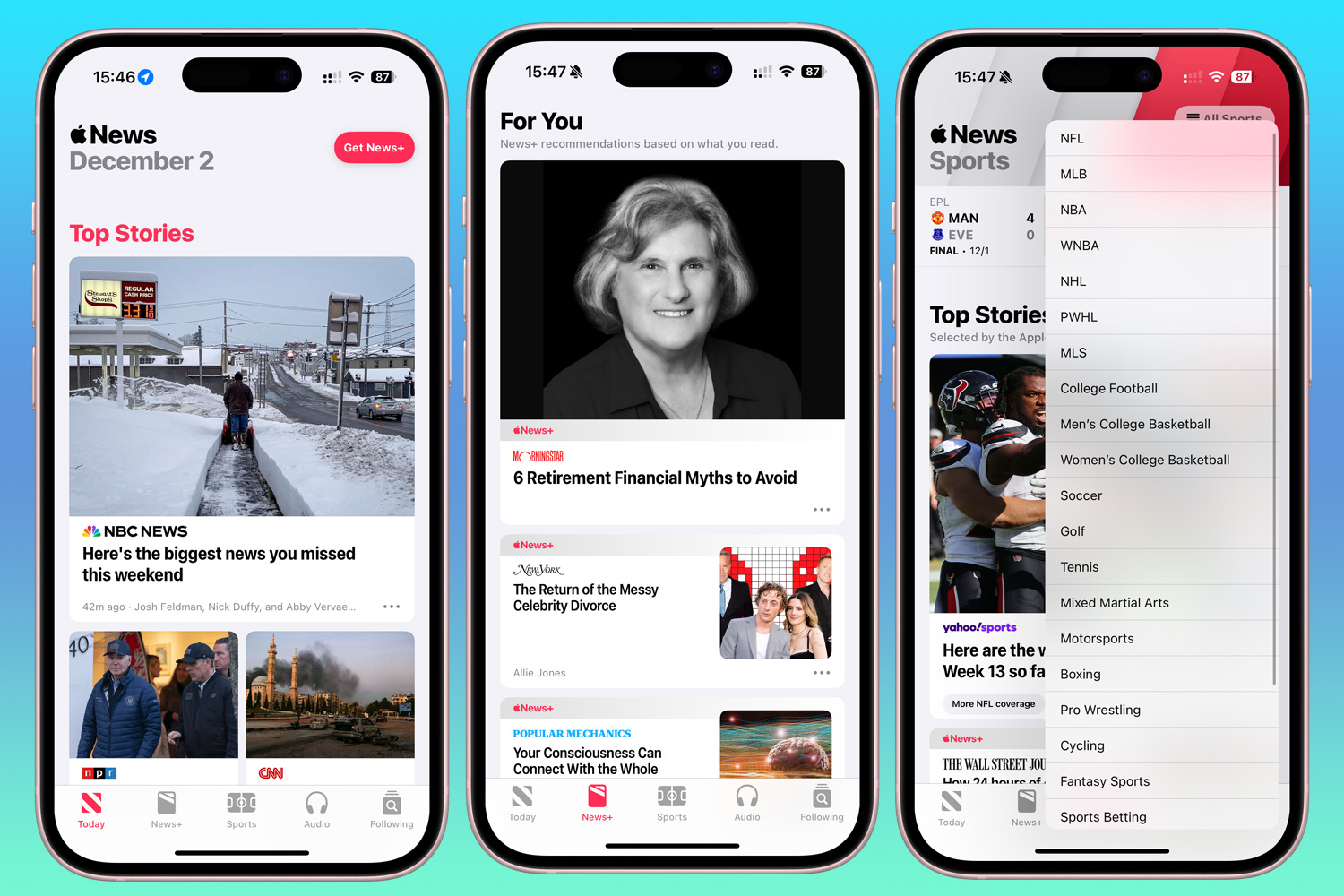 Three screenshots from the Apple News app on the iPhone