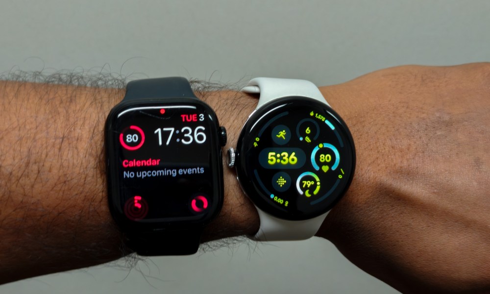 The Apple Watch Series 10 and Pixel Watch 3 on one wrist