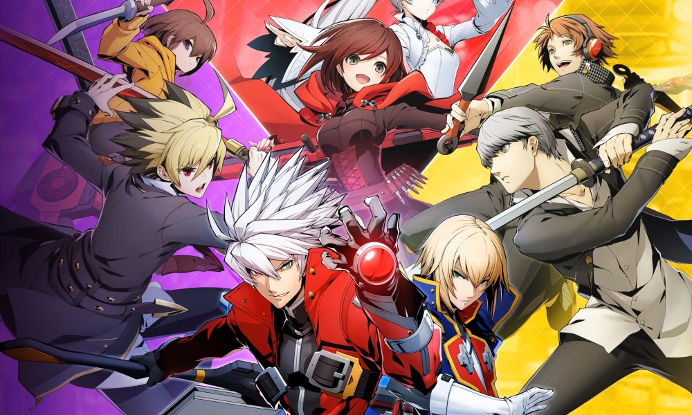 A cast of Blazblue Cross Tag Battle pose together.