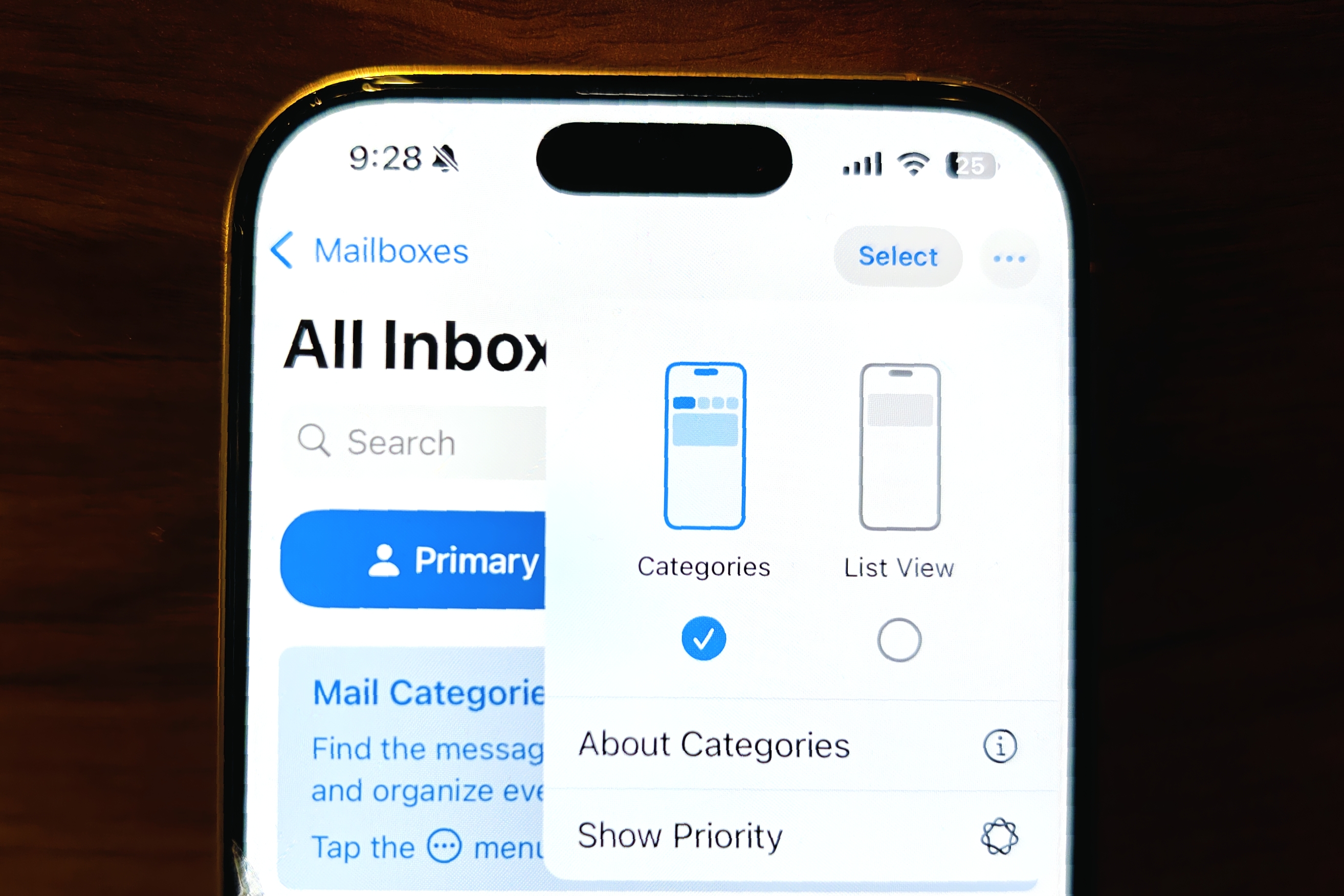 Cambiar a la vista de lista en Apple Mail.