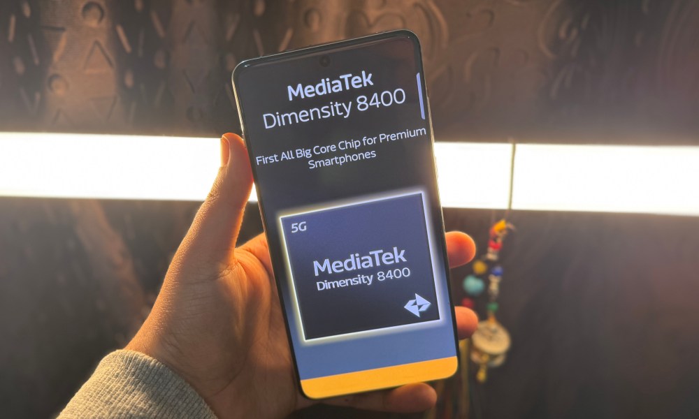 MediaTek Dimensity 8400 SoC visualized on a phone.