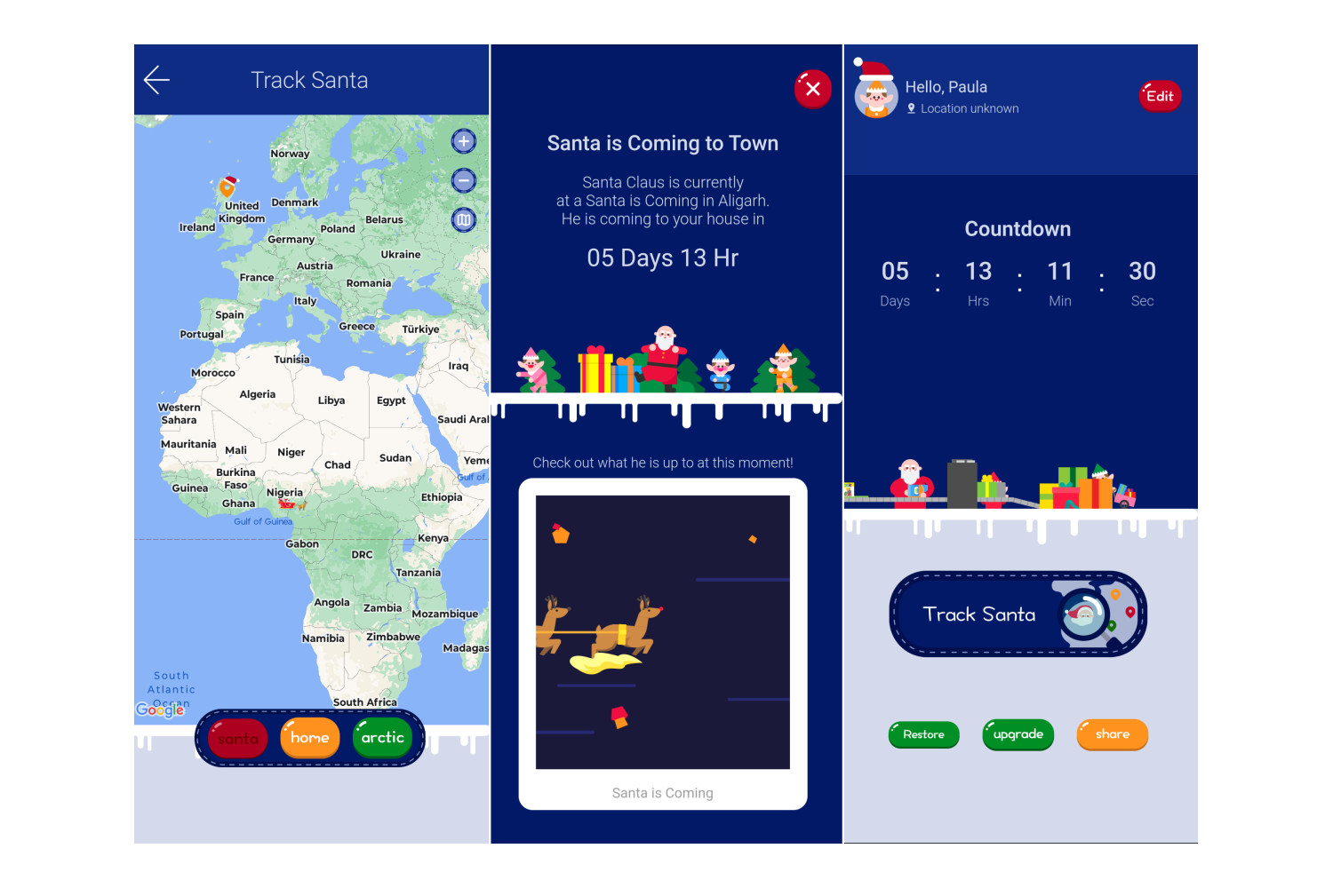 Die Dualverse Santa Tracker-App zeigt eine Karte des Standorts des Weihnachtsmanns und den Weihnachts-Countdown.