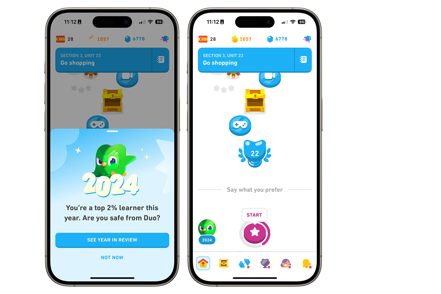 Действия по запуску функции Duolingo «Обзор 2024 года».