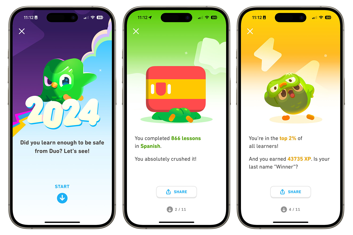 Снимки экрана, показывающие, как использовать функцию Duolingo «Обзор 2024 года».