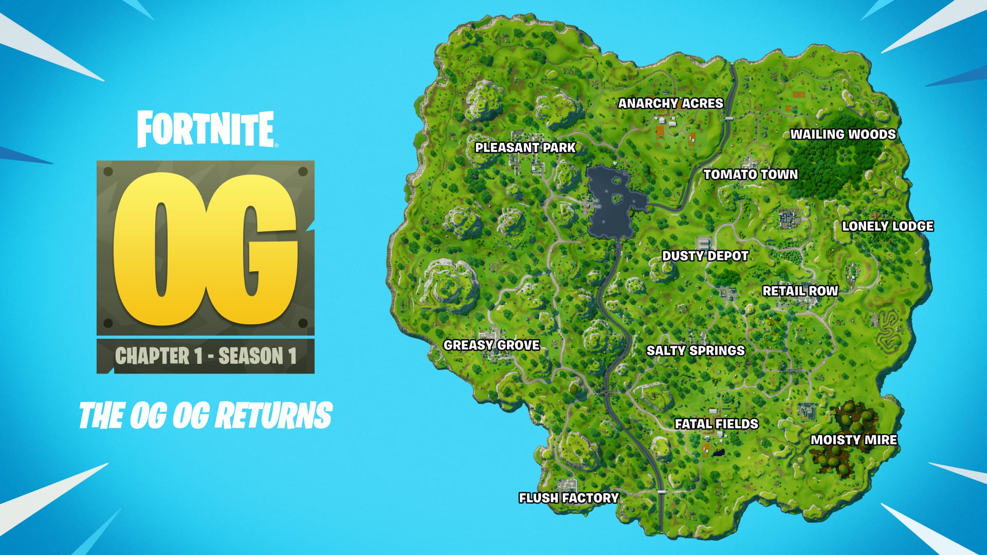 O mapa original do Fortnite aparece em um fundo azul.