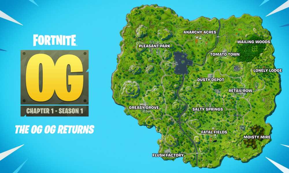 Fortnite's original map appears on a blue background.