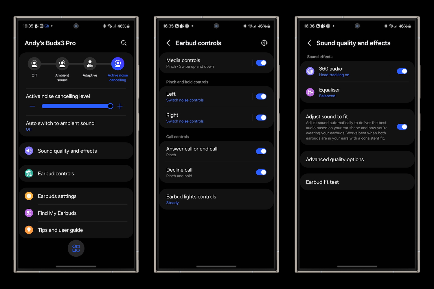 Captures d'écran prises depuis les Galaxy Buds3 Pro connectés au Galaxy S24 Ultra.