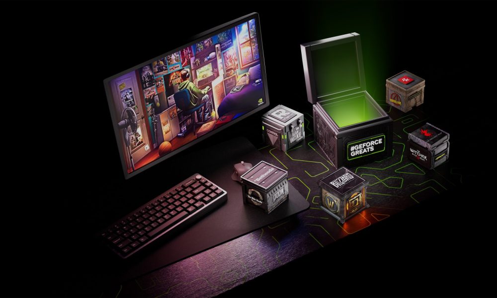 A PC with some loot boxes on a desk. Marketing material for the RTX 50-series.