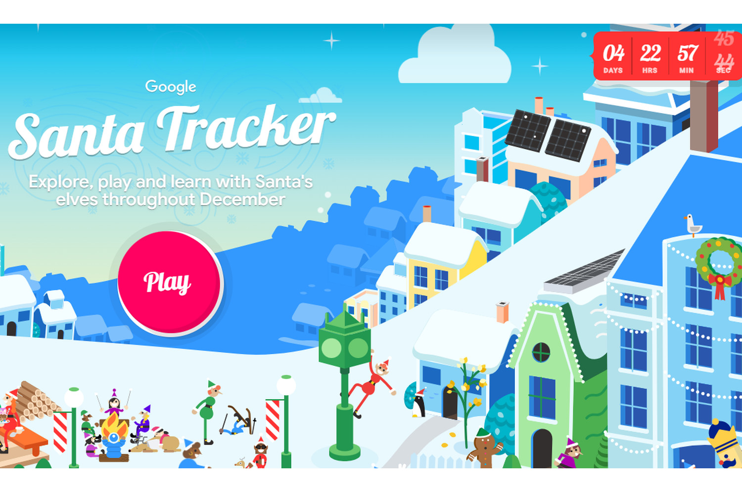 Googles Santa Tracker mit einer verschneiten Szene und einem Countdown.