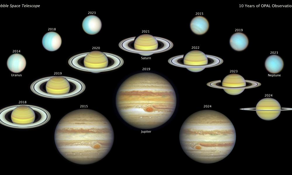 This is a montage of NASA/ESA Hubble Space Telescope views of our solar system's four giant outer planets: Jupiter, Saturn, Uranus, and Neptune, each shown in enhanced color. The images were taken over nearly 10 years, from 2014 to 2024.