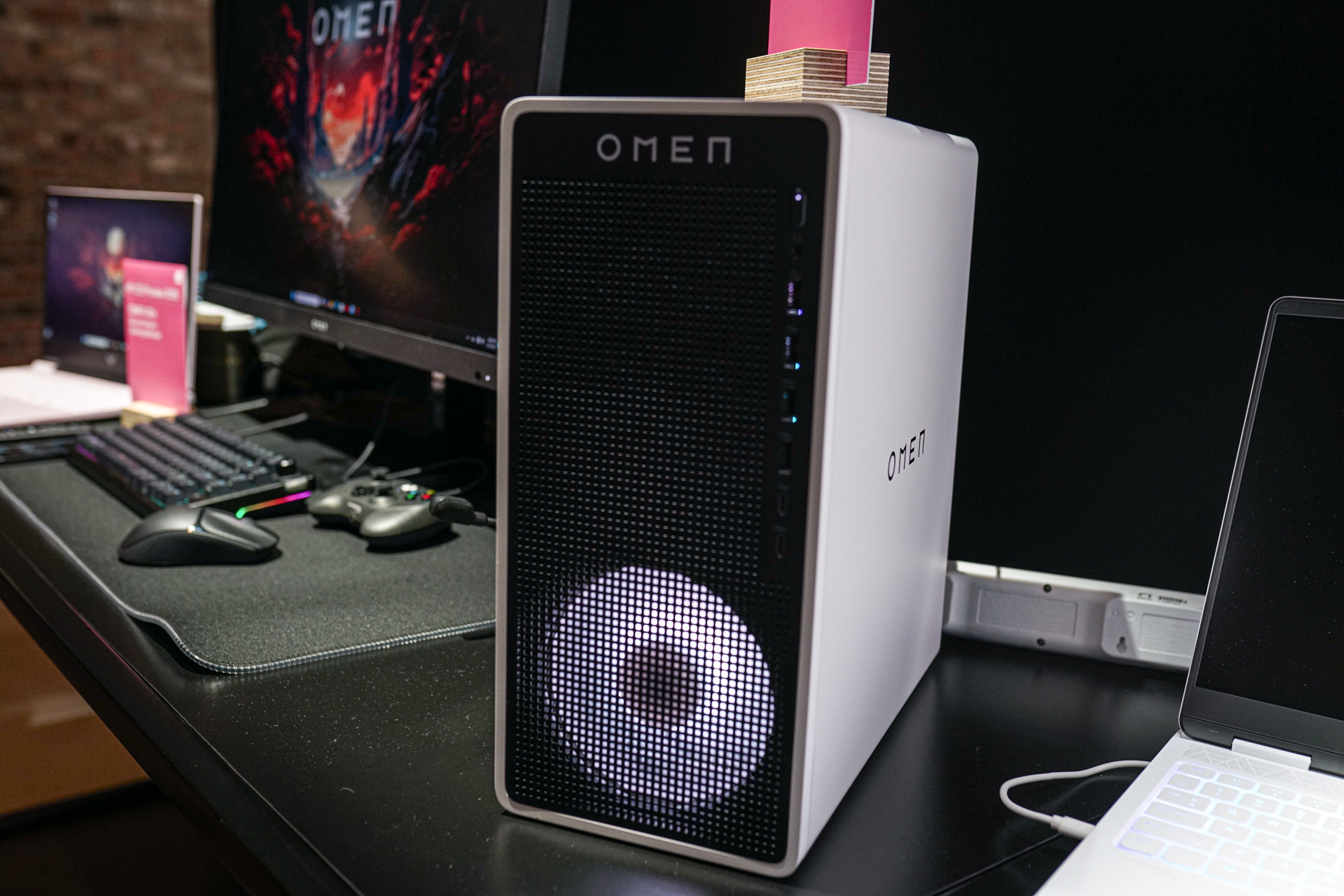 The HP Omen 16L gaming desktop sitting on a desk.