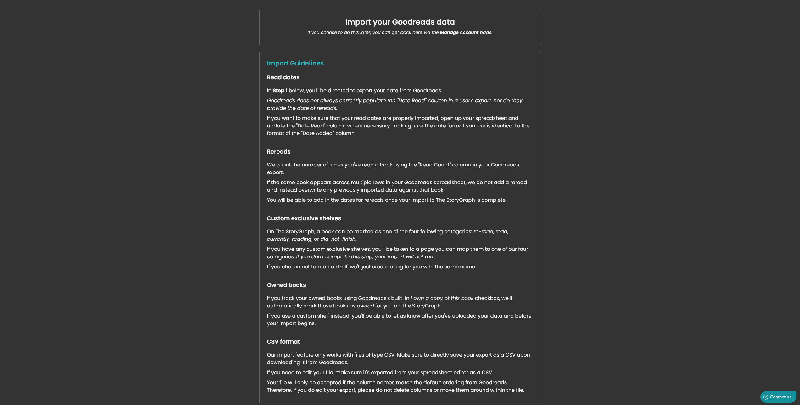 The StoryGraph import page for Goodreads data.