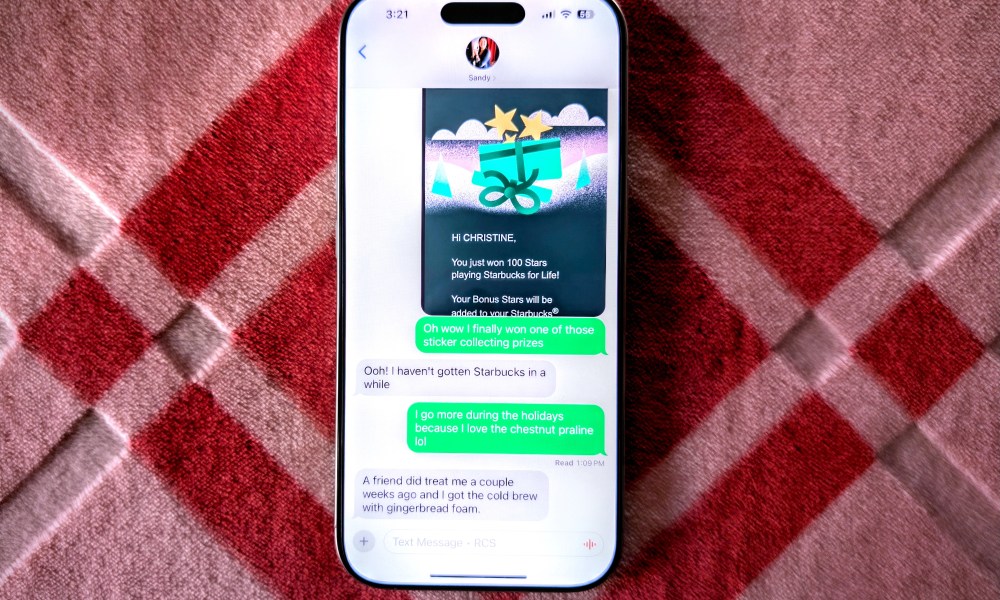 An iPhone 16 Pro showing RCS messaging.