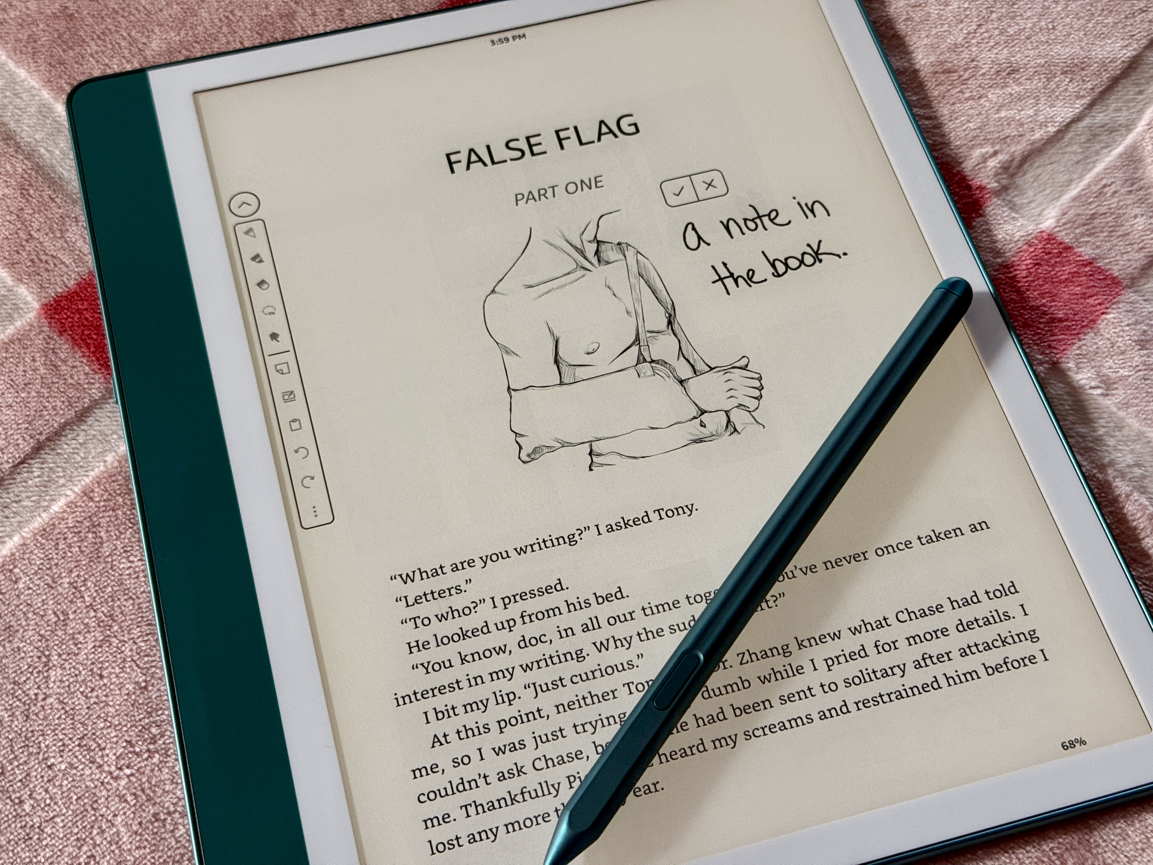 Une note dans un livre sur un Kindle Scribe.