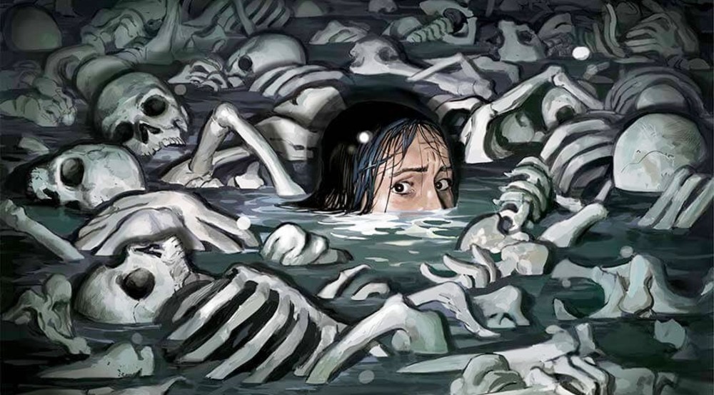 A woman floats in a sea of bones in The Nice House by the Sea.