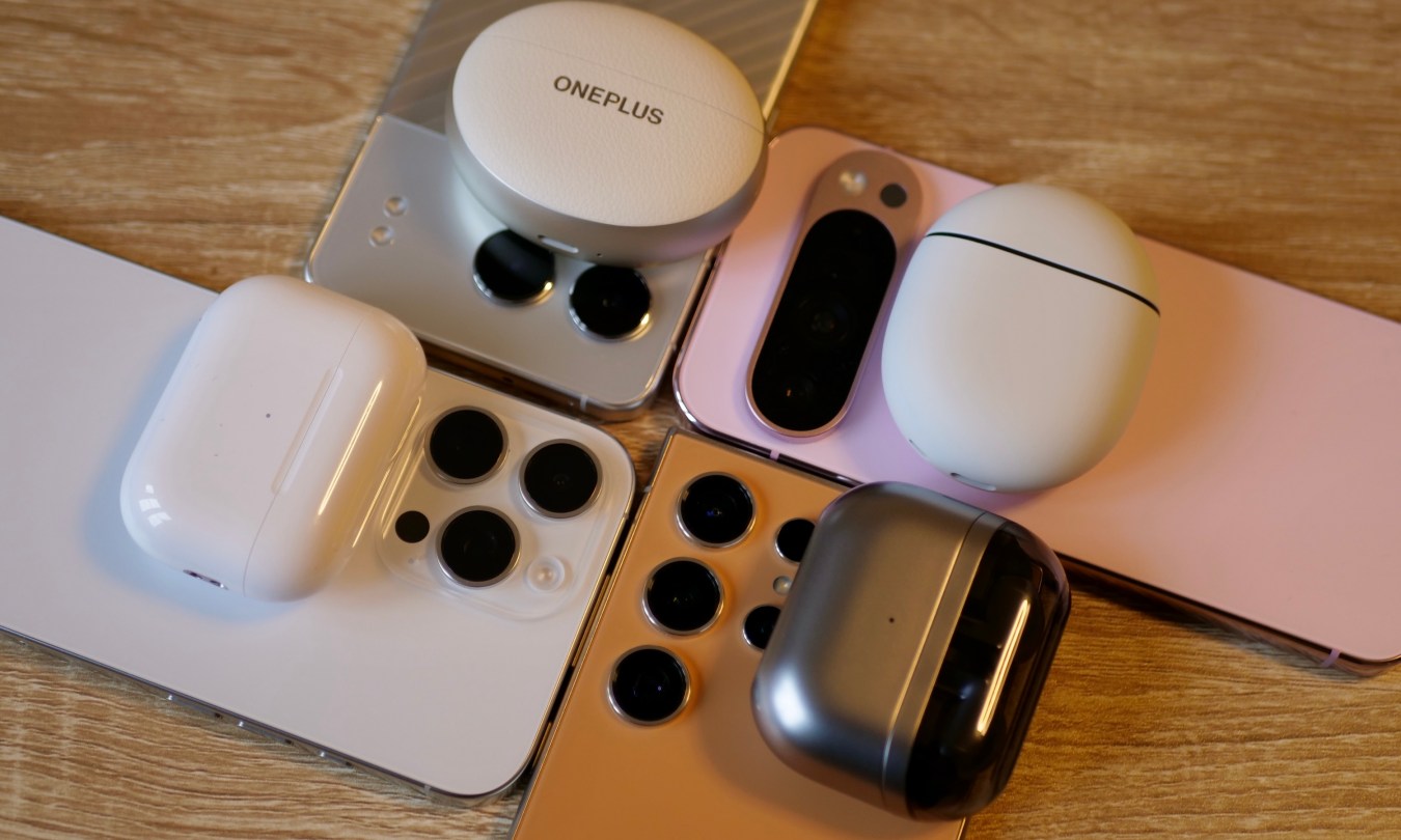 The OnePlus Nord 4 and OnePlus Buds Pro 3, Google Pixel 9 Pro and Google Pixel Buds 3, Apple iPhone 16 Pro Max with Airpods Pro 2, and Samsung Galaxy S24 Ultra with Samsung Galaxy Buds3 Pro.