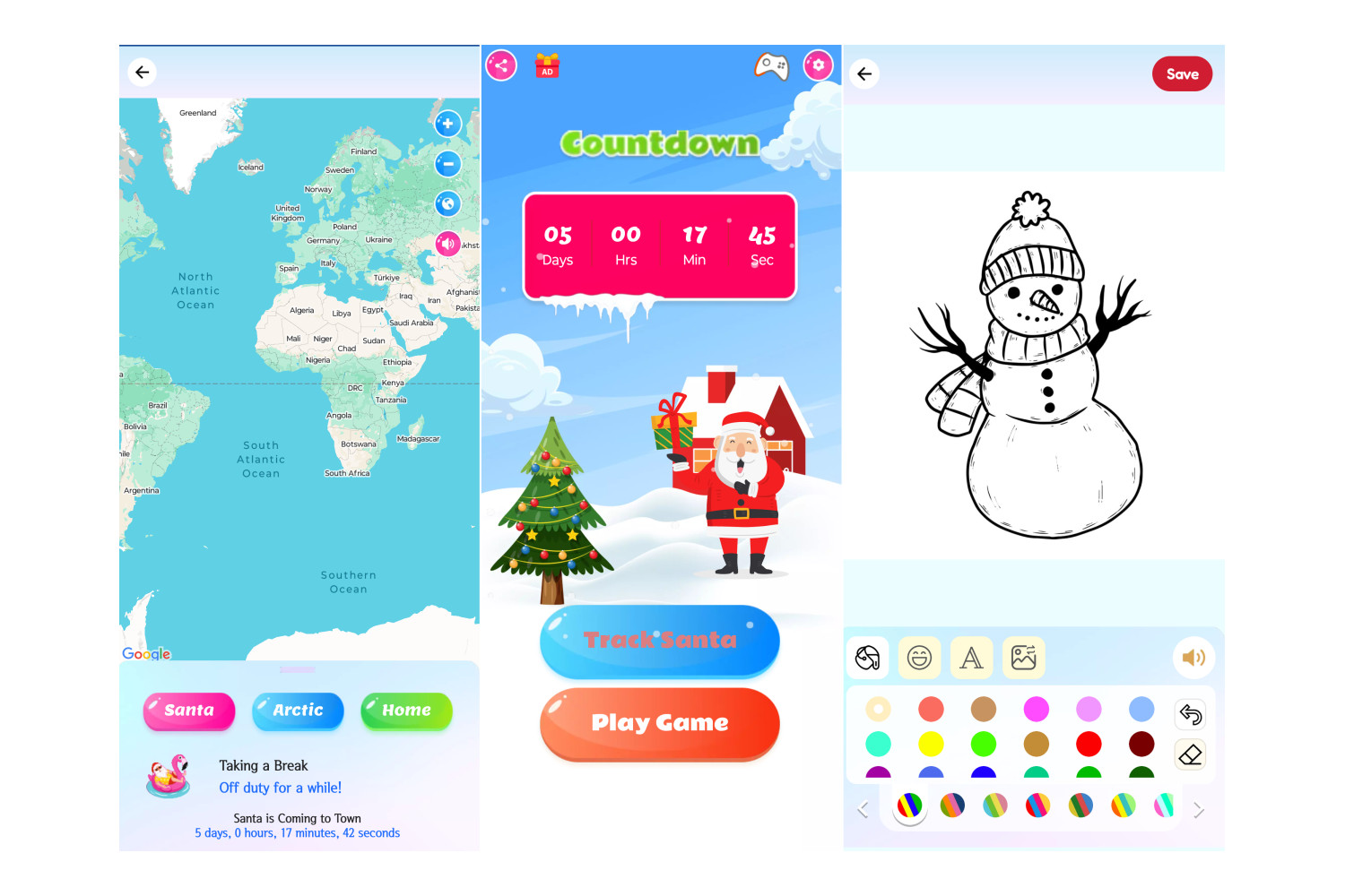 Aplicativo SaviourCode Santa Tracker mostrando uma contagem regressiva, mapa e coloração em atividade.