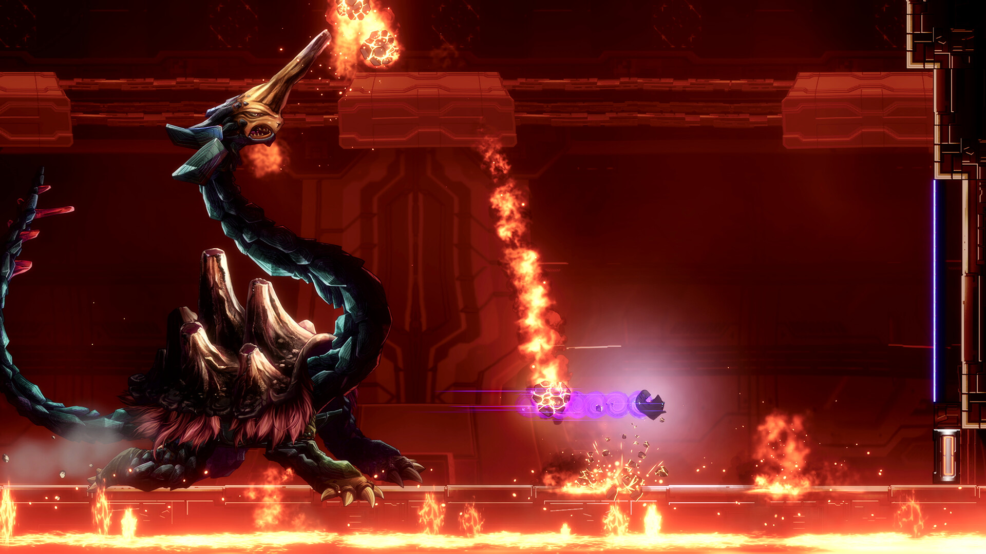 Um monstro gigante atira fogo no Shadow Labyrinth.