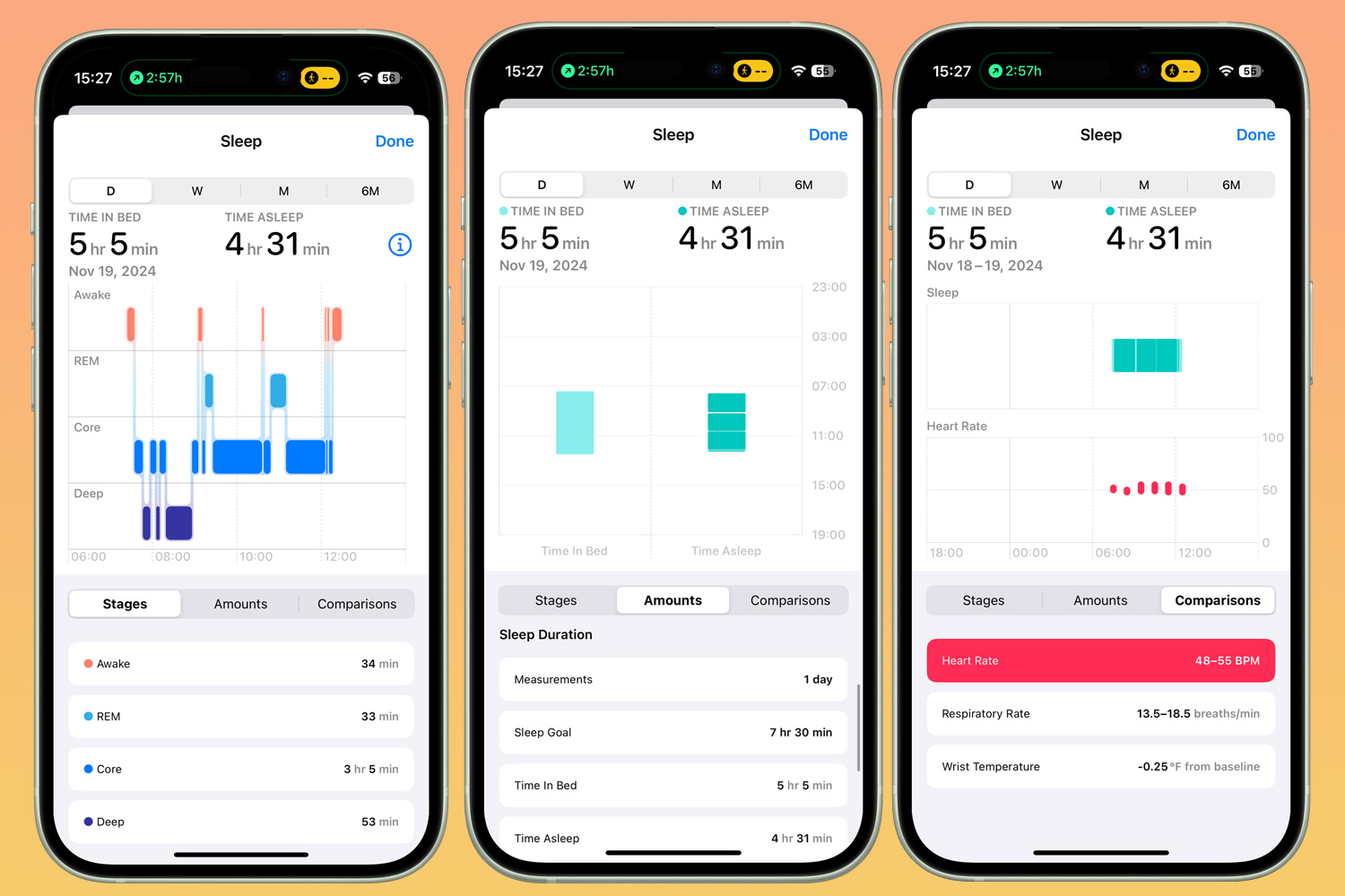 Drei Screenshots eines Schlafberichts der Apple Watch Series 10