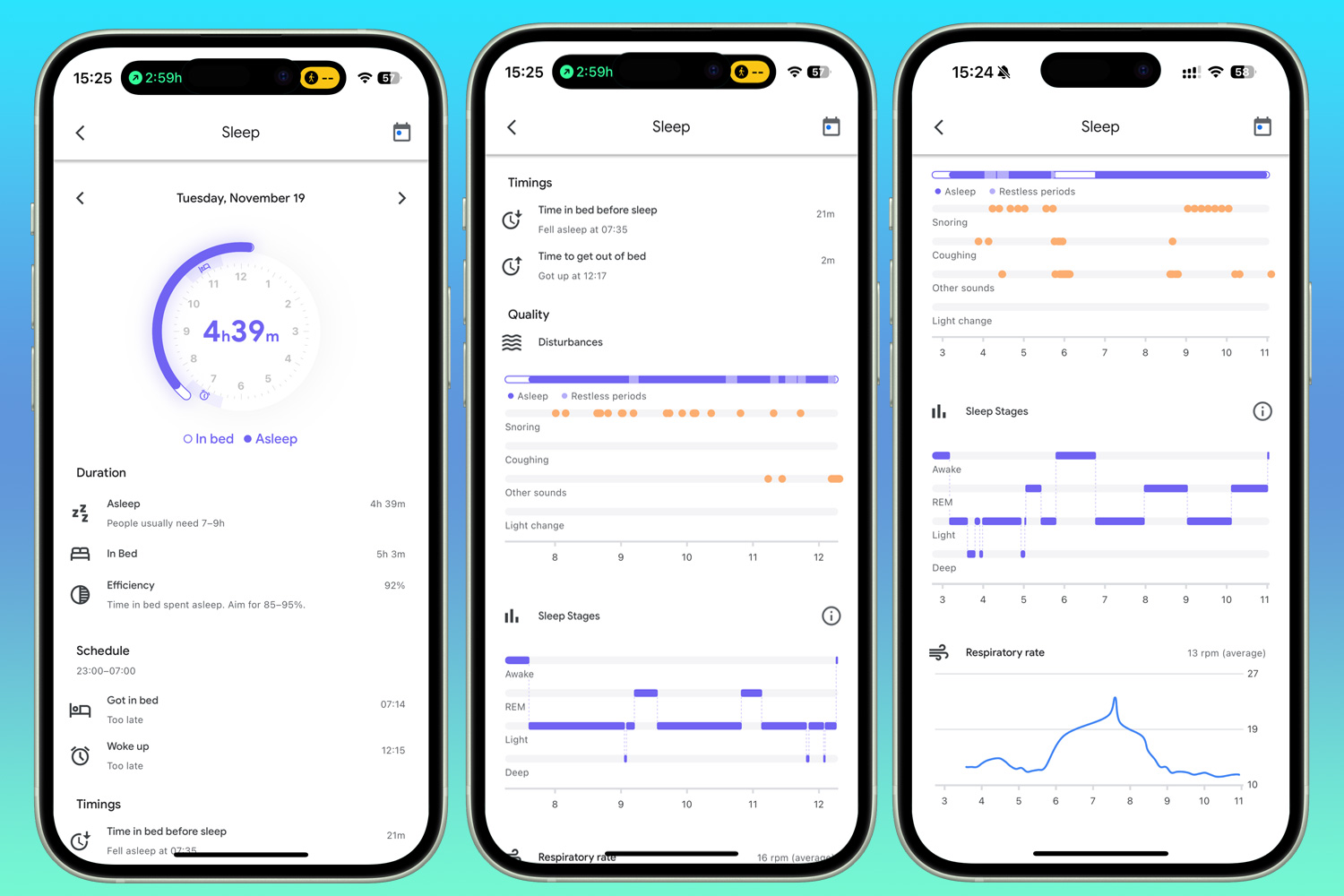 Trois captures d'écran d'un rapport de sommeil du Google Nest Hub 2e génération