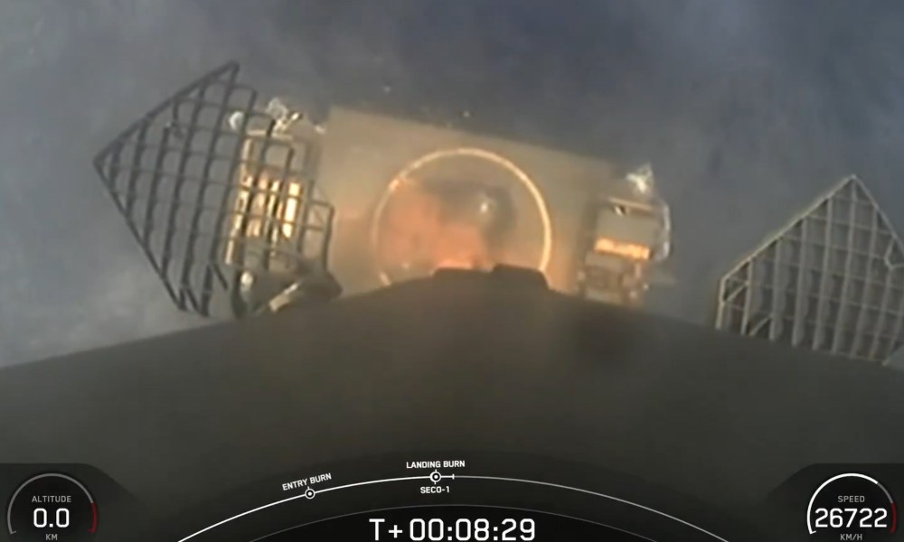 A SpaceX Falcon 9 rocket landing on the Just Read The Instructions droneship.