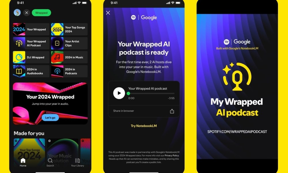 Three phone screenshots of Spotify Wrapped 2024 on a yellow background.