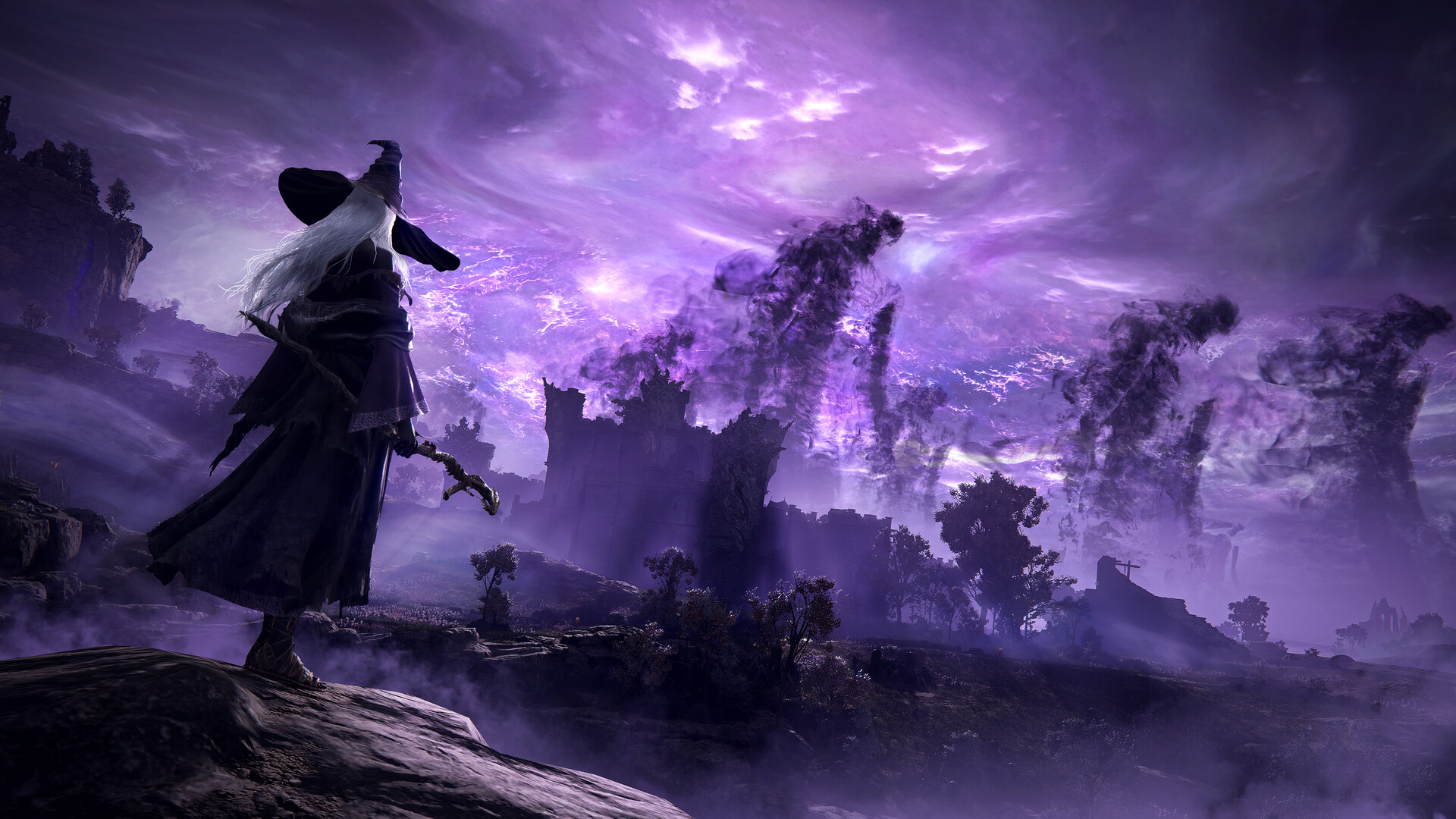 A mage looking at a purplpe landscape in Elden Ring Nightreign.