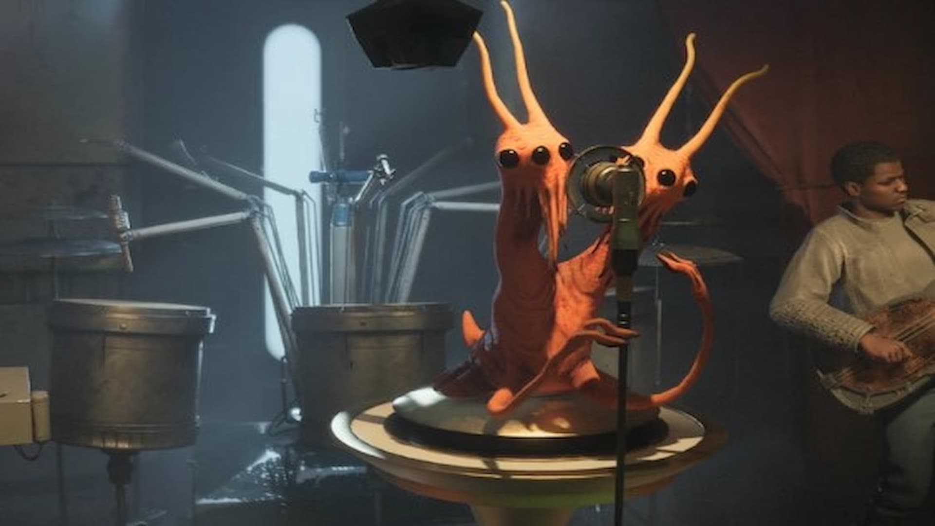 An alien sings at a microphone in Star Wars Outlaws.